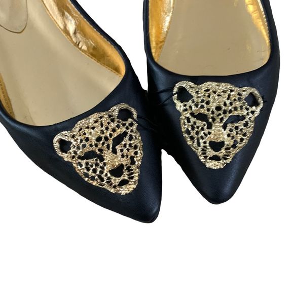 Cheetah Head rhinestone Embellished Point Toe Black Flats Size 6 - Picture 6 of 8